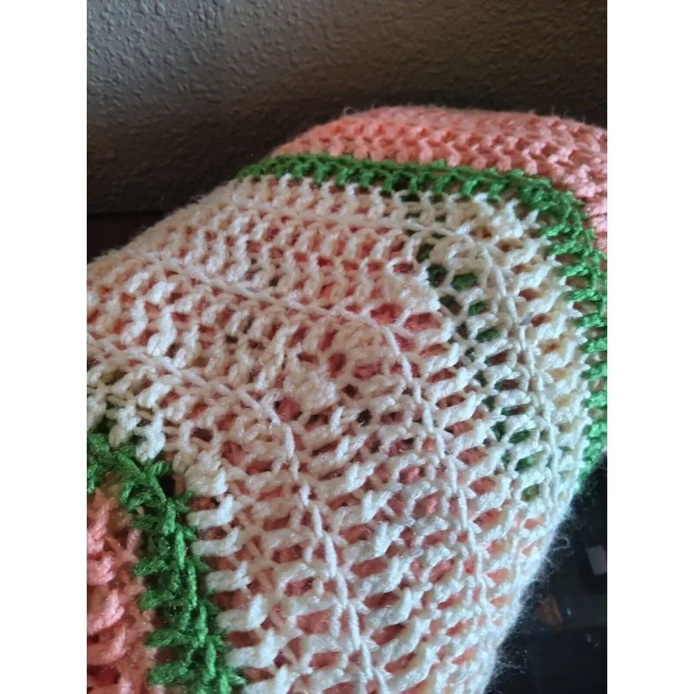 Vintage Hand Knit Chevron Pattern Afghan Throw Blanket 72 X 45‎ Pink Green White